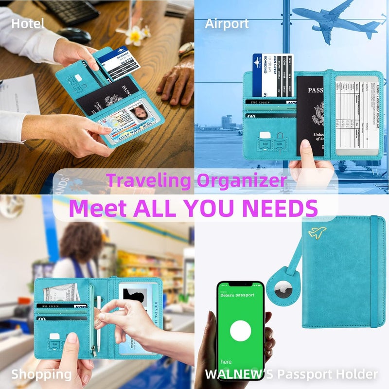 WALNEW AirTag Passport Holder, PU Leather Airtag Wallet RFID Blocking Passport Cover Travel Essentials Case for Women Men (Light Blue) - Image 3